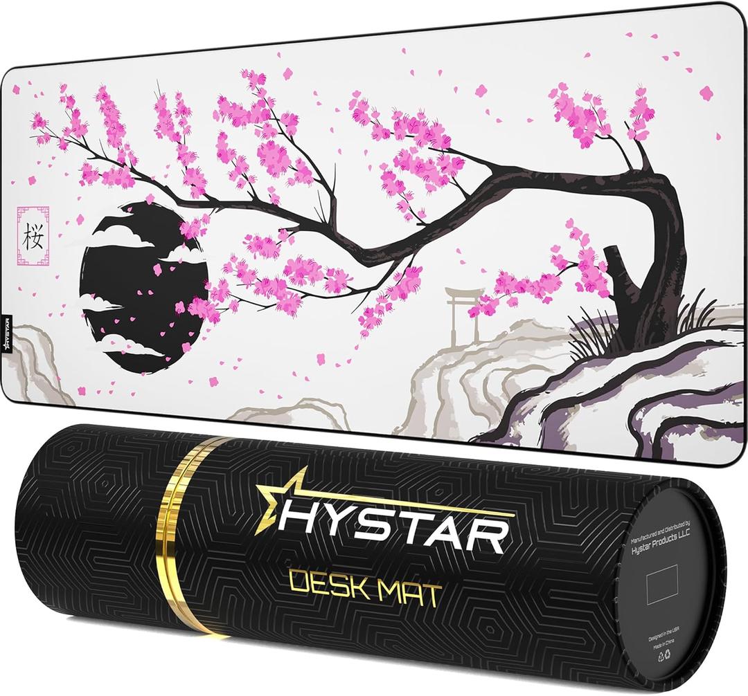 Hystar Extended Gaming Mouse Pad | XXXL 45" x 20" | 5mm Thick, Waterproof Surface, Smooth Polyester Fabric, and Natural Rubber Base | Sakura (Light)