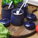 GDCZ 10 Oz Sugar Pepper and Salt Bowls with Lid and Spoon, Ceramics Seasoning Container, Seasoning Jar Spice Container for Kitchen,Dishwasher Safe, Set of 3 (Blue)