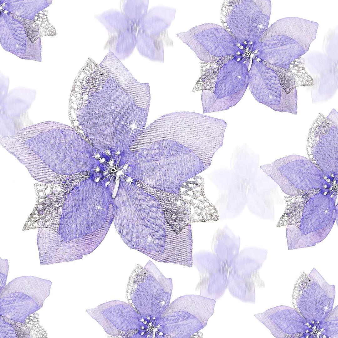 Boao 24 Pieces Christmas Artificial Glitter Poinsettia Flowers Xmas Flowers Wedding Christmas Tree New Year Ornaments(Purple)