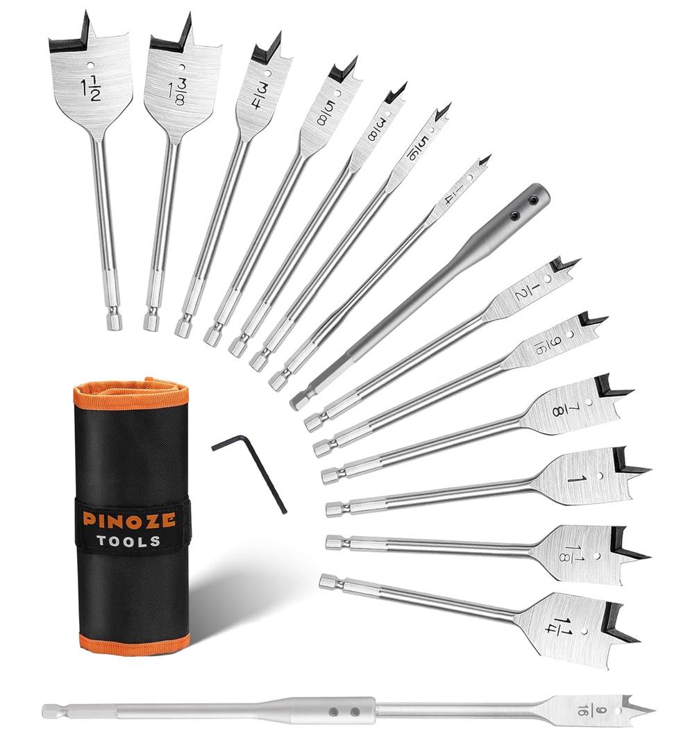 14-Piece Spade Drill Bit Sets with 6 Extension, Paddle Flat Bit for Hole Cutter Woodworking, 1/4" to 1-1/2", Quick Change 1/4 inch Hex Shank, Nylon Storage Pouch Included