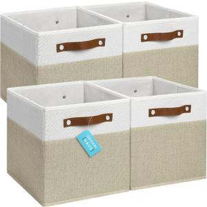 OrganiHaus 11x11 Fabric Cubes Storage Bins Set of 4, Foldable Collapsible Fabric Storage Bins for Organizer, Cubbies Organizer for Kallax, Linen Cube Shelf Baskets, Toy Organizing boxes - Beige/White ((11x11) Leather Handles)
