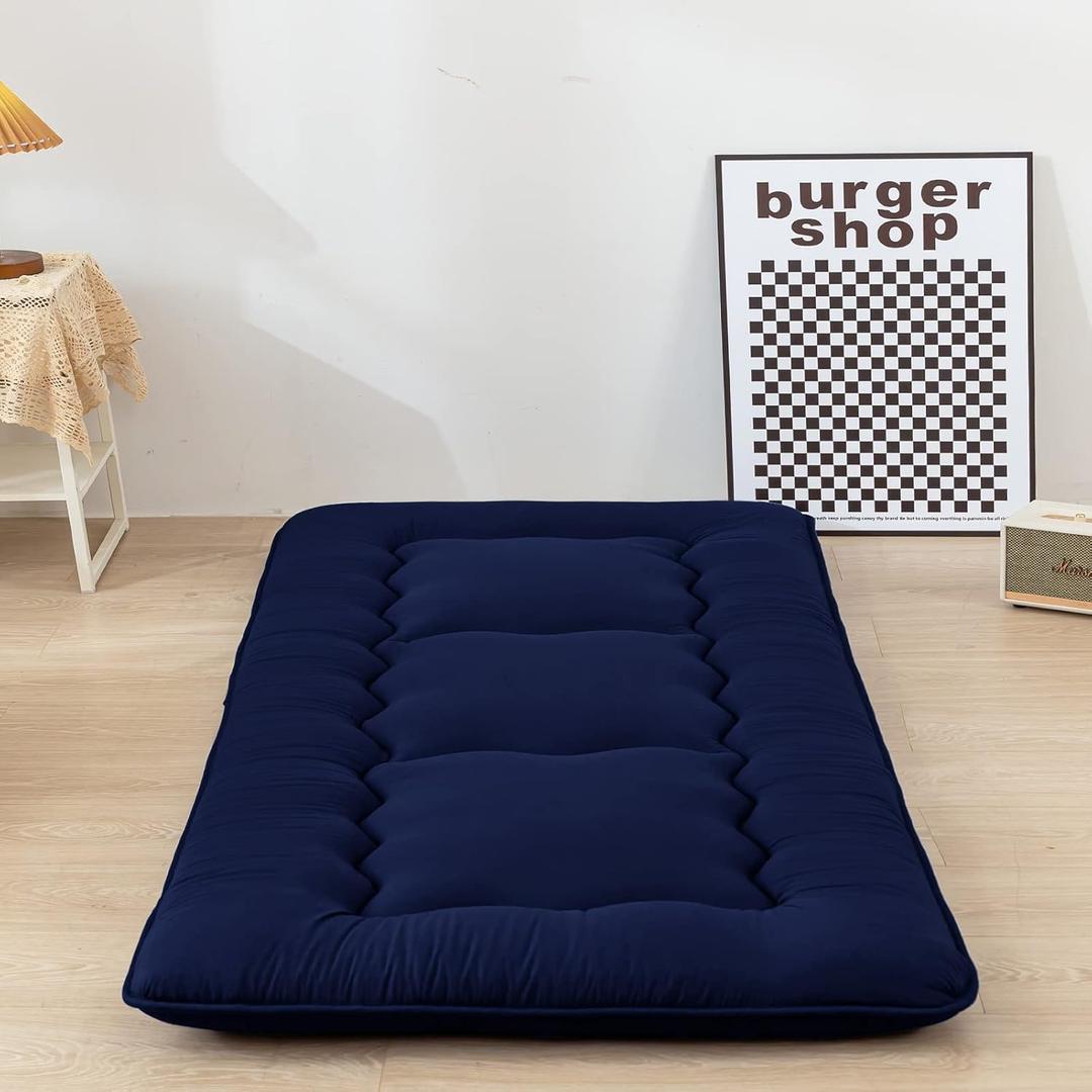 MAXYOYO Cot Japanese Floor Futon Mattress, Single Size Tatami Mat Sleeping Pad Foldable Roll Up Boys Girls Narrow Mattress Kids Lounger Pillow Bed (Navy)