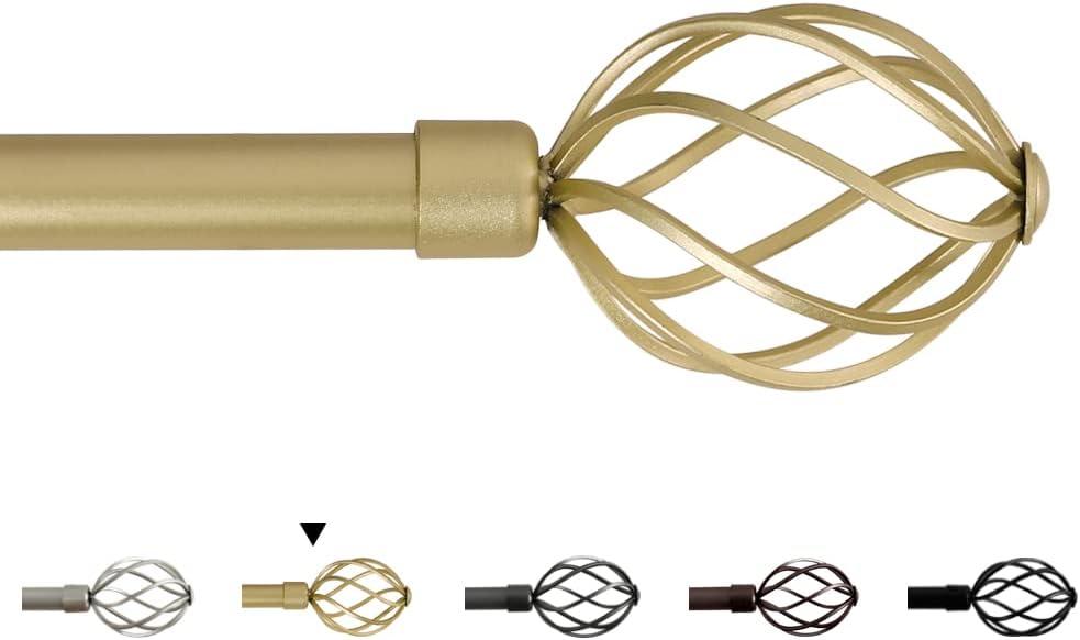 H.VERSAILTEX Window Curtain Rods for Windows 66 to 120 Inches Adjustable Decorative 3/4 Inch Diameter Single Window Curtain Rod Set with Twisted Cage Finials, Gold