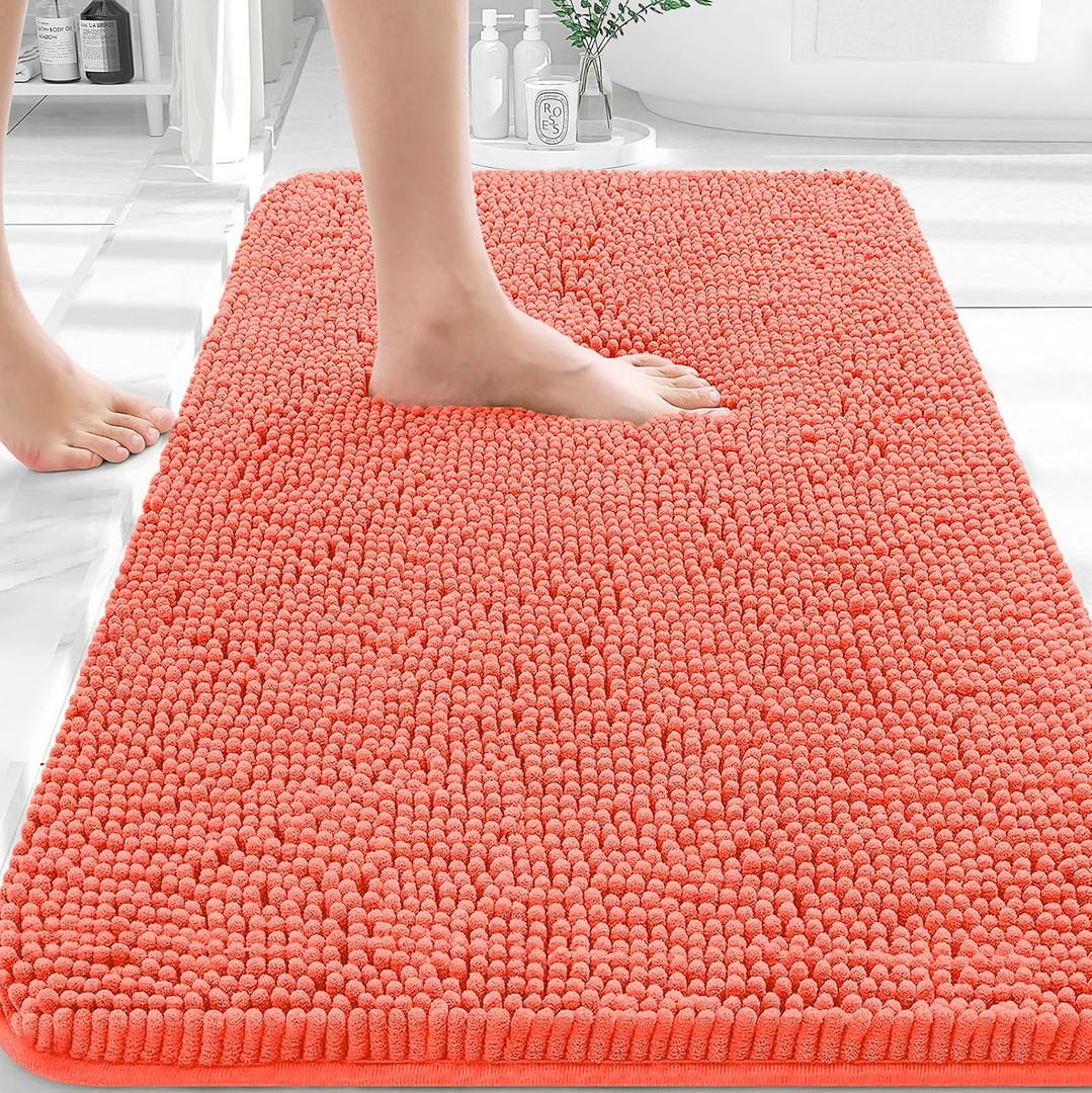 OLANLY Bathroom Rugs 30x20, Extra Soft Absorbent Chenille Bath Rugs, Rubber Backing Quick Dry, Machine Washable Bath Mats for Bathroom Floor, Tub and Shower, Home Decor Accessories, Coral