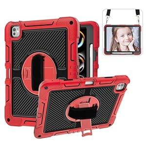 Case for iPad Pro 13 Inch 2024 M4 (7th Generation) Kids,Rugged Heavy Duty Shockproof Protective with 360Rotating Stand,Pencil Holder,Hand/Shoulder Strap Cover for Girls,Women,Red