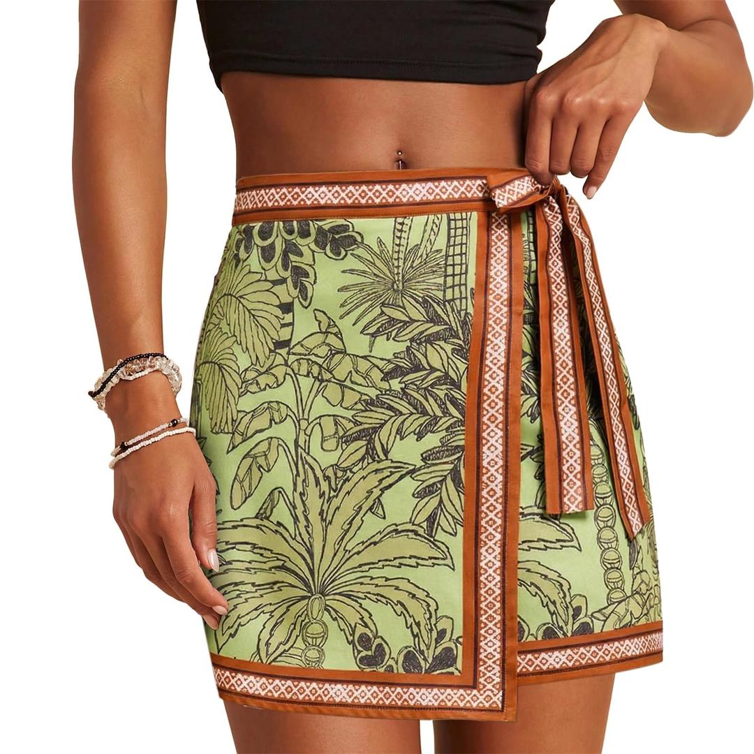 Tearsand Womens Wrap Skirt Beach Summer Floral A Line Mini Short Skirts (Green)