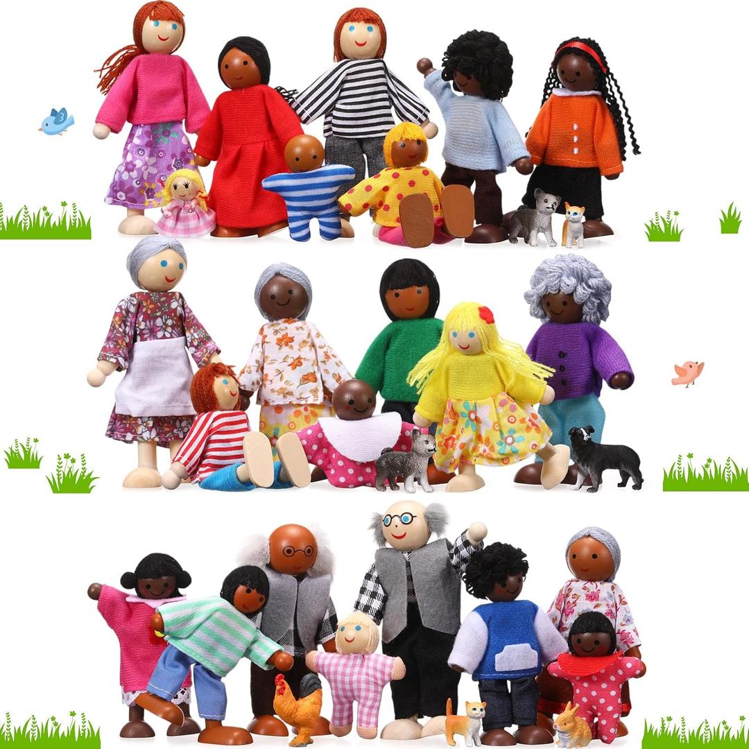 HyDren 30 Pcs Wooden Dollhouse People Wooden Family of 23 People 7 Pets Dollhouse Figures Doll House Dolls Accessories for Girls Boys Toddlers Children Kids Pretend Role Play Dress up Party Gift