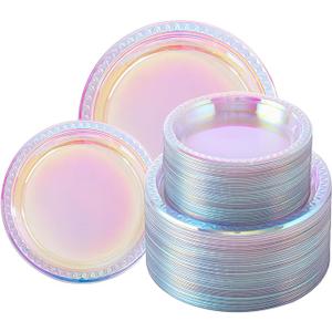 Supernal 120 Pcs Iridescent Sparkle Plastic Plates, Disposable Plates for Party Valentine's Day Mother's Day and Easter, Clear Neon Rainbow Plastic Plates, 60 Pcs Dinner Plates and 60 Pcs Dessert Plates