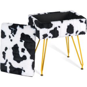 Multifunctional Vanity Stool Chair for Vanity, Padded Seat, Storage Ottoman in Rectangle Fuzzy Fluffy Design, Footrest and 4 Gold Legs for Makeup Room, Bedroom, Living Room, Cow