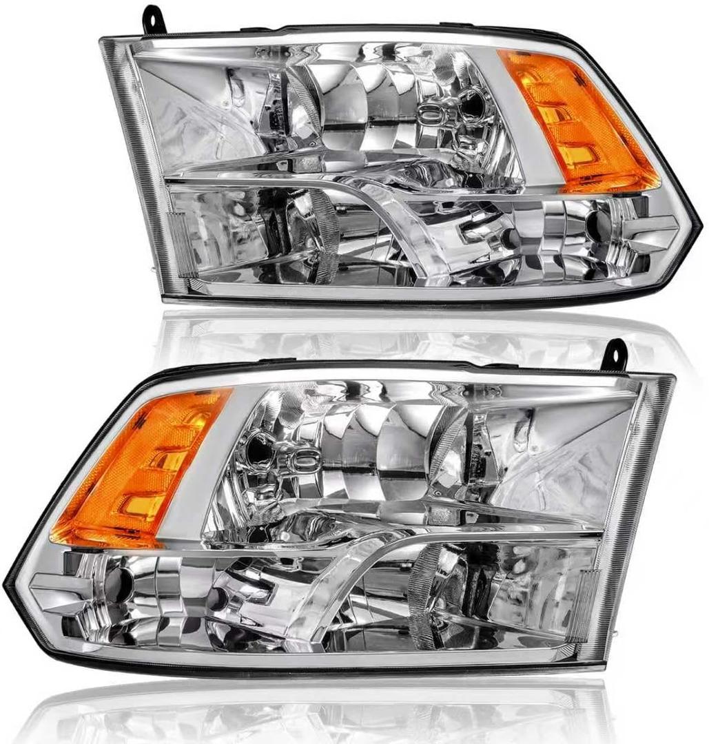 Headlights Assembly Compatible with 09-18 Dodge Ram 1500/10-18 Dodge Ram 2500 3500 4500 5500 (Only Fit Factory Quad Style Halogen) Headlamp Amber Reflector Chrome Housing