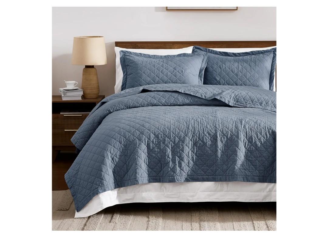 WDCOZY 100% Cotton Quilt Queen Size Bedspread, Pre-Washed 3-Piece Lightweight Soft Coverlet Set with 2 Pillow Shams, Modern Neutral Design All Season Bedding Set, Dusty Blue