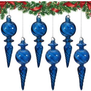 6PCS 6-Inch Hand-Blown Glass Finial Christmas Tree Hanging Ornaments -Large Elegant Clear Glass Vintage Holiday Decorations for Tree, Mantel, Party - Luxury Handmade Seasonal Dcor(Blue)