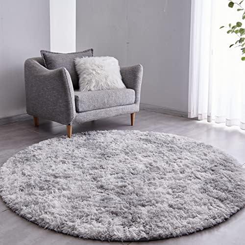 Tie-Dyed Light Grey Round Rug Ultra-Soft Plush Modern 4x4 Circle Area Rug for Kid's Bedroom, Fluffy Shag Circular Rug for Nursery Room, Non-Slip Tie-Dyed Light Grey Rug for Teen's Room