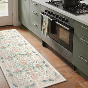 Bavni 2'6''x6 Runner Rug,Microfiber Washable Non-Slip Vintage Floral Rugs,Low Pile Lightweight Carpet for Bedroom,Hallway,Entryway,Kitchen,Bathroom, Beige&Pink