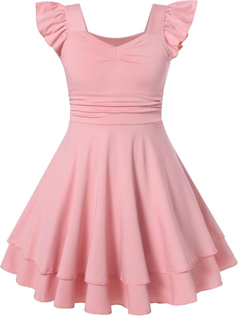 ALISISTER Girls Ruched Dresses Teens Ruffle Flowy Tiered A Line Swing Dress for Girl 7-16Y (Pink, S)