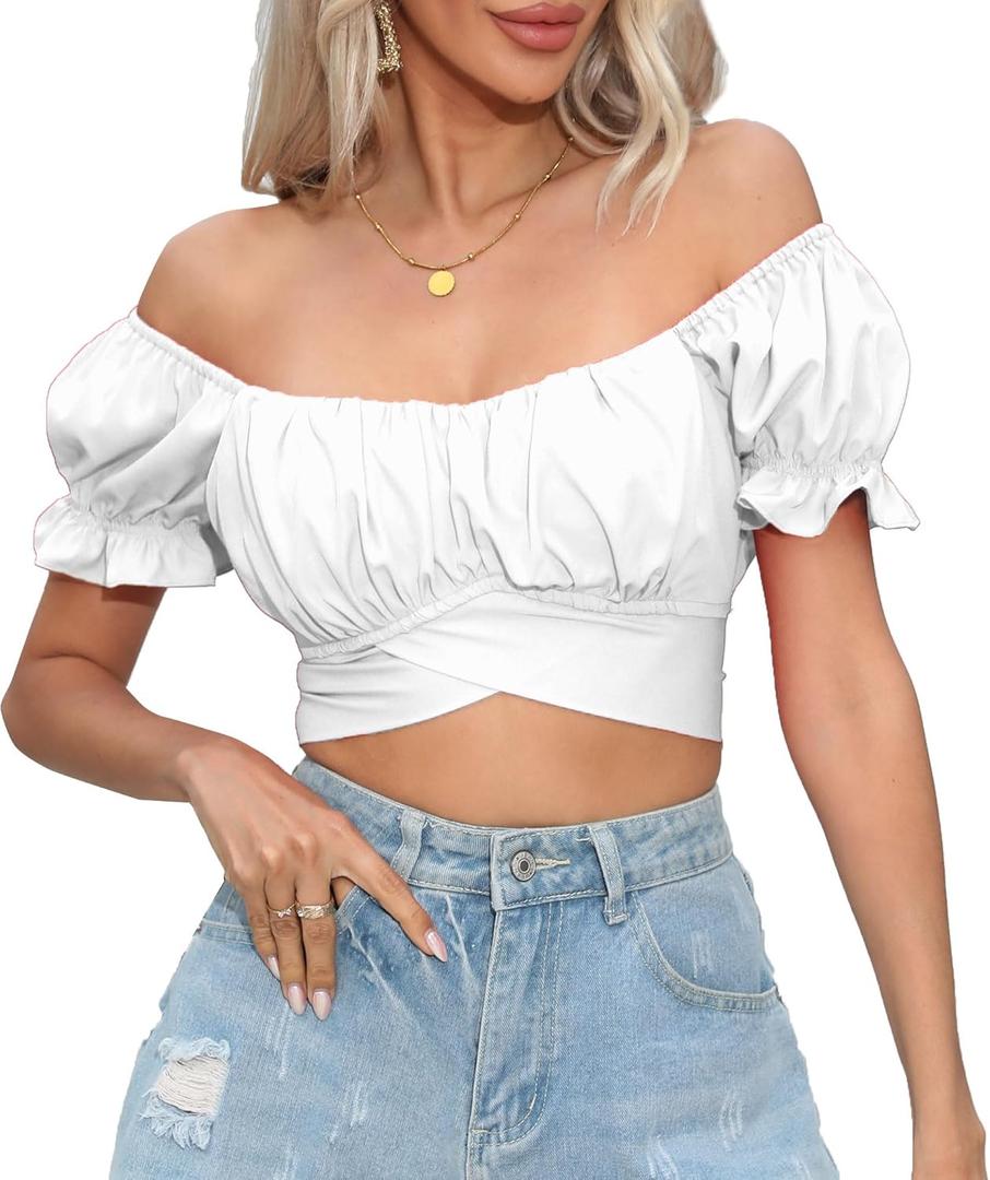 Women's Crop Tops Ruffle Short Sleeve Tie Back Summer Off Shoulder Top Blouse (Large, White)