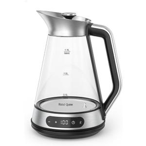 Hazel Quinn Glass & Stainless Steel Electric Kettle, 1.5 Liters Tea Kettle | Quiet Boil, 1C Temp Control, 24H Keep Warm, Anti-Residue Bottom, Auto Shut-Off, BPA-Free Hot Water Kettle, 1000W Fast Boil