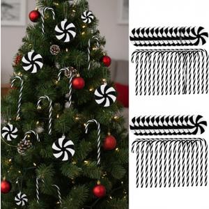 Hotop 60 Pieces Christmas Candy Cane Hanging Ornaments Black and White Lollipop Peppermint Christmas Tree Decorations for Xmas Holiday Decoration