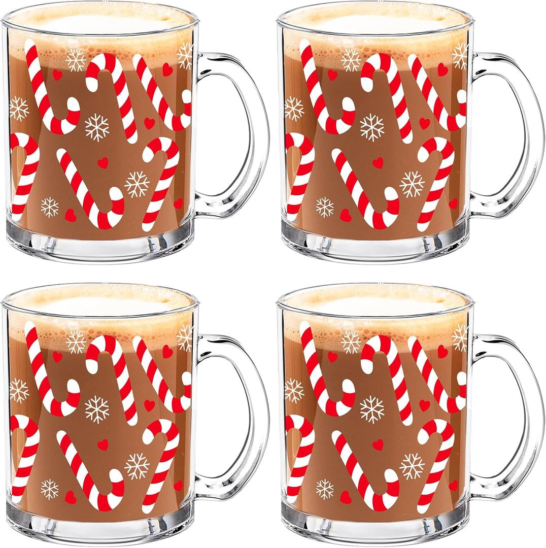 Whaline 4Pcs Christmas Glass Coffee Mugs with Handle Red White Xmas Candy Cane Coffee Cups Beverage Mugs for Hot Cold Drinks Home Winter Holiday Party