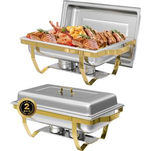 IMACONE Chafing Dish Buffet Sets of 2, 8QT Stainless Steel Rectangular Chafers and Buffet Warmer Sets for Catering, with Food & Water Pan, Lid, Gold Foldable Frame, Fuel Holder for Event Party Holiday