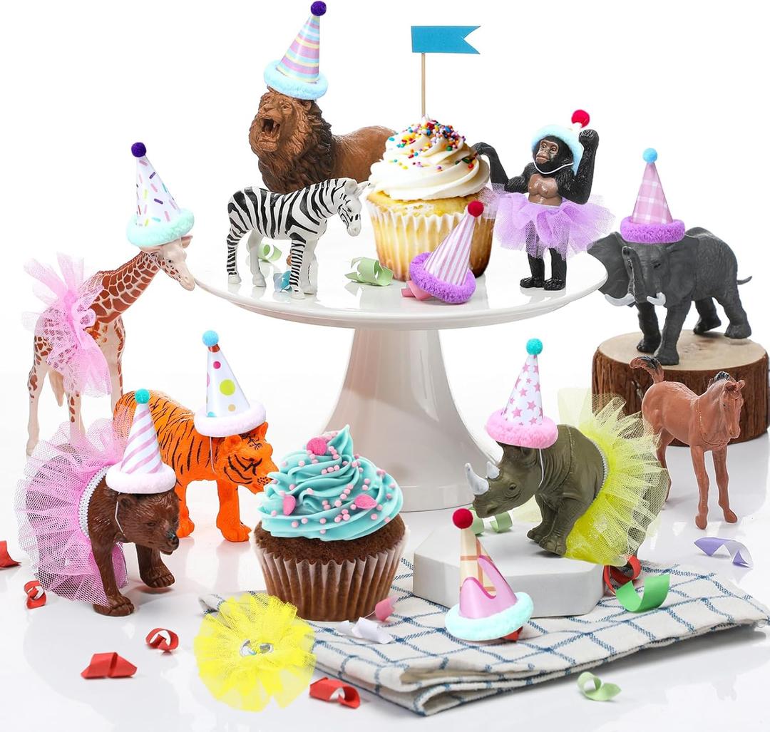 Weysat 27 pcs Animal Birthday Party Decorations Mini Birthday Hat with Pom Poms Figure Model Cake Toppers with Mini Skirt and Hat for Wild Animals Themed Party (Jungle)