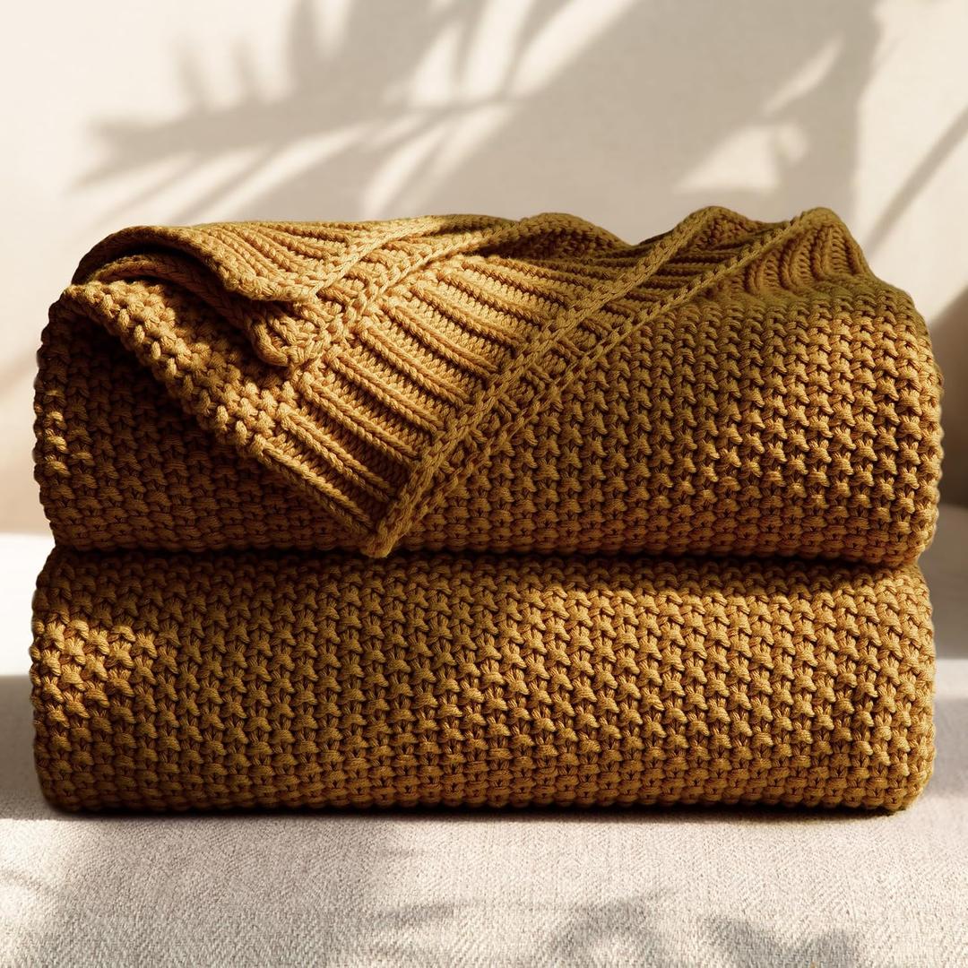 100% Cotton Cable Knit Throw Blanket, Lightweight Soft Knit Blanket for Sofa Couch Bed, Breathable All-Season Throw, Cozy Decorative Blanket, 50 x 60 Inch,Mustard
