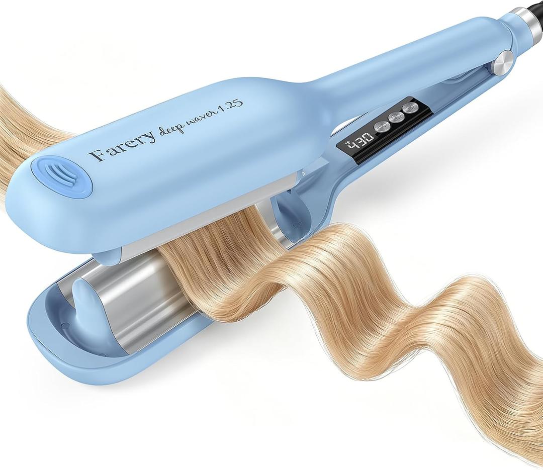 Farery Hair Waver Deep Wave Crimper for Women - 1.25 Inch | Beach Waves Curling Iron, Smart Buzzer Timer (4-10s), 9 Heat Settings 285F-430F, Tourmaline Ceramic Negative Ion