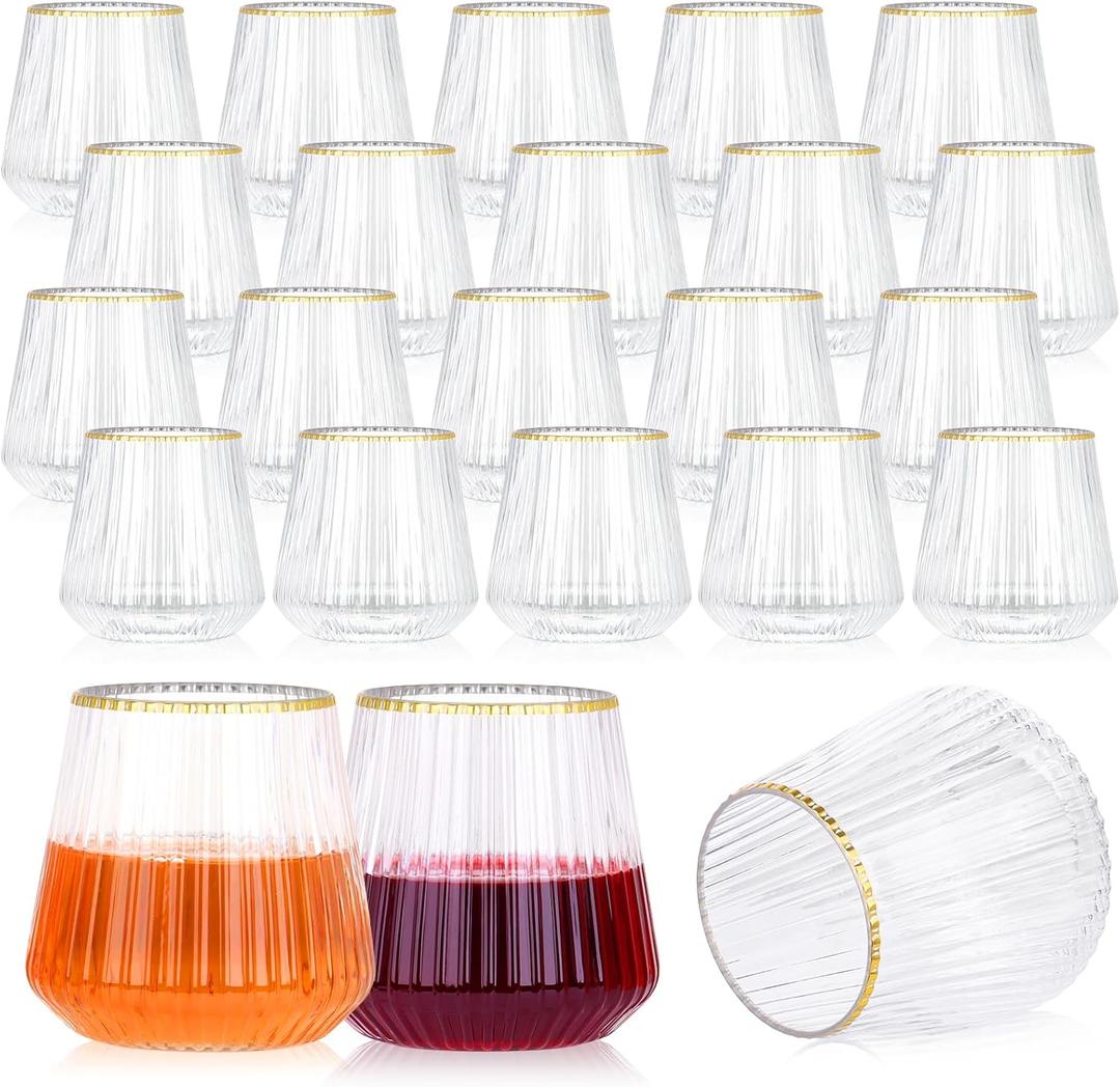 24 Pack Plastic Ribbed Wine Glasses with Gold Rim, 14oz Stemless Disposable Wine Cups, Clear Unbreakable Outdoor Cocktail Glasses, Heavy Duty Reusable Plastic Drinking Cup for Party Wedding Mimosa Bar