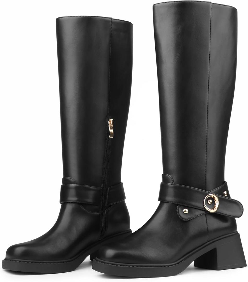 Buckle Strap Knee High Boots Low Chunky Block Heel Boots for Fall Winter Commute & Daily Wear, Size 40
