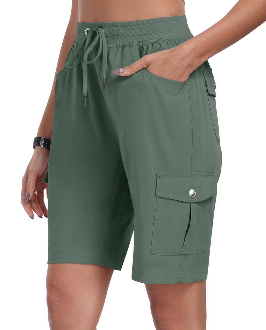 MoFiz Womens Shorts with Pockets Loose Fit Casual Cargo Shorts Lightweight Ladies Hiking Shorts Army Green L