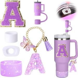 8 x Mity rain 6PCS Cup Accessories Set for Stanley Cup 30oz 40oz tumbler with handle, Including Silicone Straw Topper Cover Cap and Boot, Spill Proof Stopper, Handle Charm, Initials Sticker (Letter A)