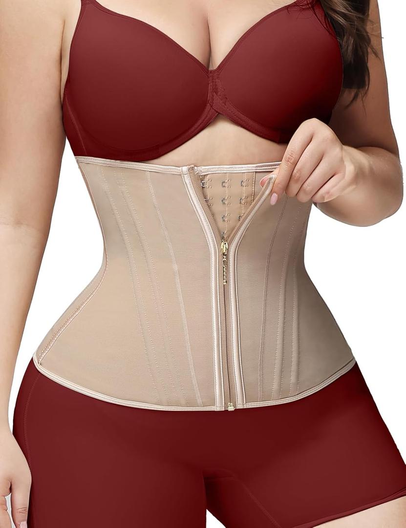SHAPSHE Waist Trainer for Women Tummy Control Workout Waist Cincher Corset Shapewear Postpartum Body Shaper with Zipper Hook (Large, Tan)