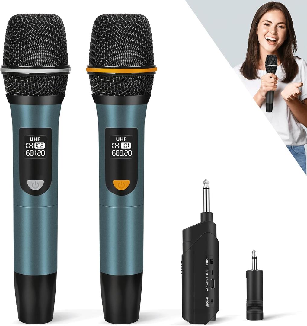 Wireless Microphones, UHF Metal Rechargeable Cordless Dynamic Mic System with Auto-Connect Receiver, 160ft Range Professional Wireless Microphone for Karaoke, Party and PA System (Navy)