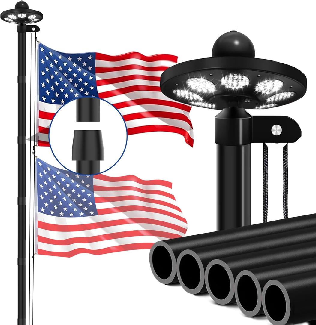 20FT 12 Gauge Heavy Duty Flag Pole Kit with Solar Light,Ground Flag Pole for Outside House Extra Thick Aluminum Flagpoles with 136 Led Light & 3x5 American Flag,110MPH Wind Tested,Black