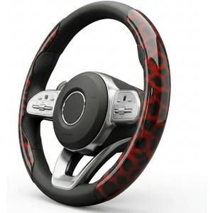 Leopard Print Steering Wheel Cover for Women - Universal Segmented 2-Piece Snap-on Protector, Non-Slip & Nail Friendly, Fit for Round & D-Shape 14.5-15 Inch, Cute Auto Interior Accessories (RED)