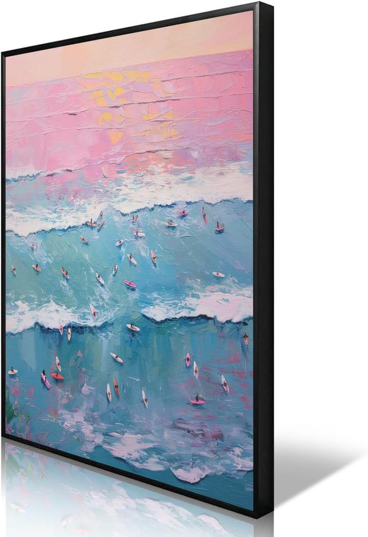 OAOPIC Summer Beach Surfs Up Canvas Wall Art, Coastal Surfing Pink Blue Sea Scenery Poster, Vintage Beachy Vibe Surfboard Aerial View Print, Endless Summer Painting for Living Room 12x16in Unframed