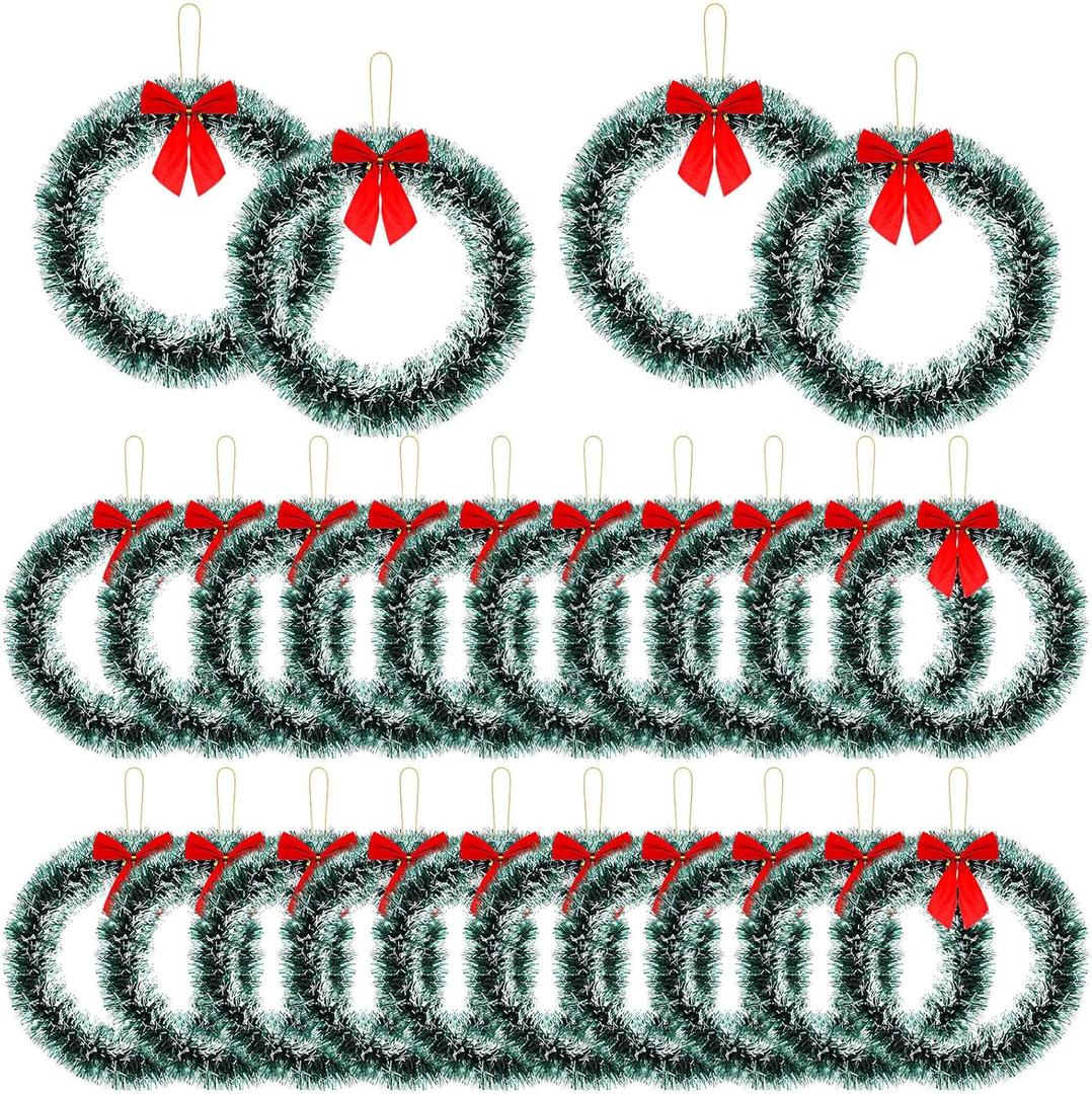 Wavyknot 24 Pcs 12 Inch Christmas Wreath with Red Bow Bulk Artificial Christmas Garland Creative Winter Decoration Christmas Tree Hanging Ornaments for Window Front Door Kitchen Shop Indoor Outdoor (White)