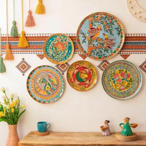 JFUJFU Madhubani Indian Art Wall Decor - Metal 3D Hanging Plates for Home (Set of 5)