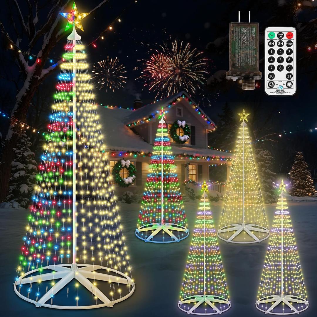 8FT Pre-lit Cone Christmas Tree Outdoor, 444 LED Lighted Christmas Tree with Remote, Timer, 11 Lighting Modes, IP65 Waterproof, Multicolor & Warm White for Yard Garden Patio Decor