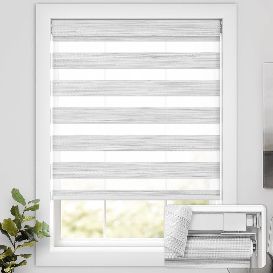 No Drill Cordless Zebra Blinds for Windows, Linen High Precision Fabrics, 30" W x 72" H Linen - Grey