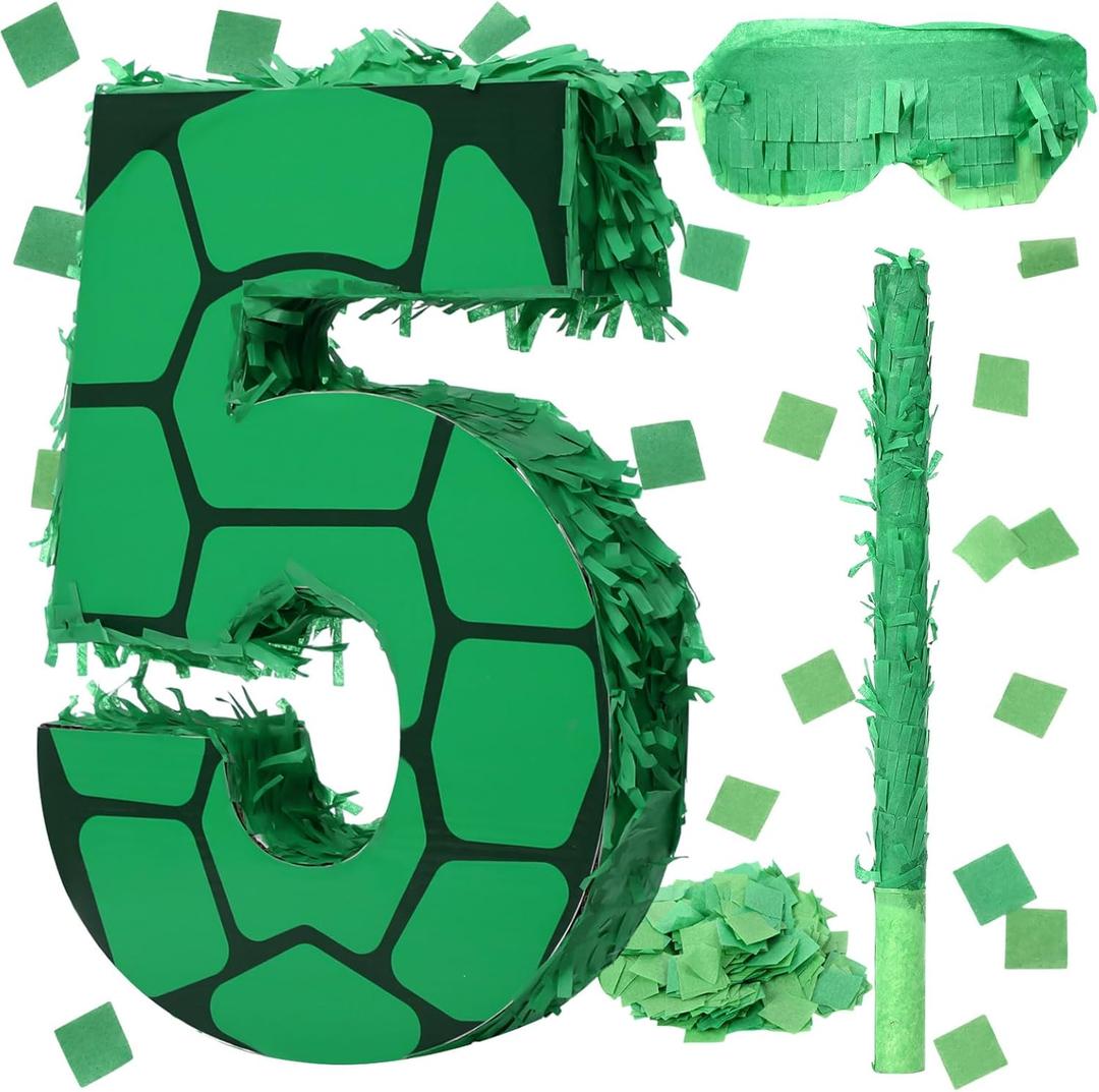 Gemscream Number 5 Cartoon Turtle Theme Piata Set 13.7 x 9.8 x 1.9 Inch Green Turtle Piata with Blindfold Stick and Confetti for Kids Boys Girls Animal Birthday Decoration Supplies Game Props