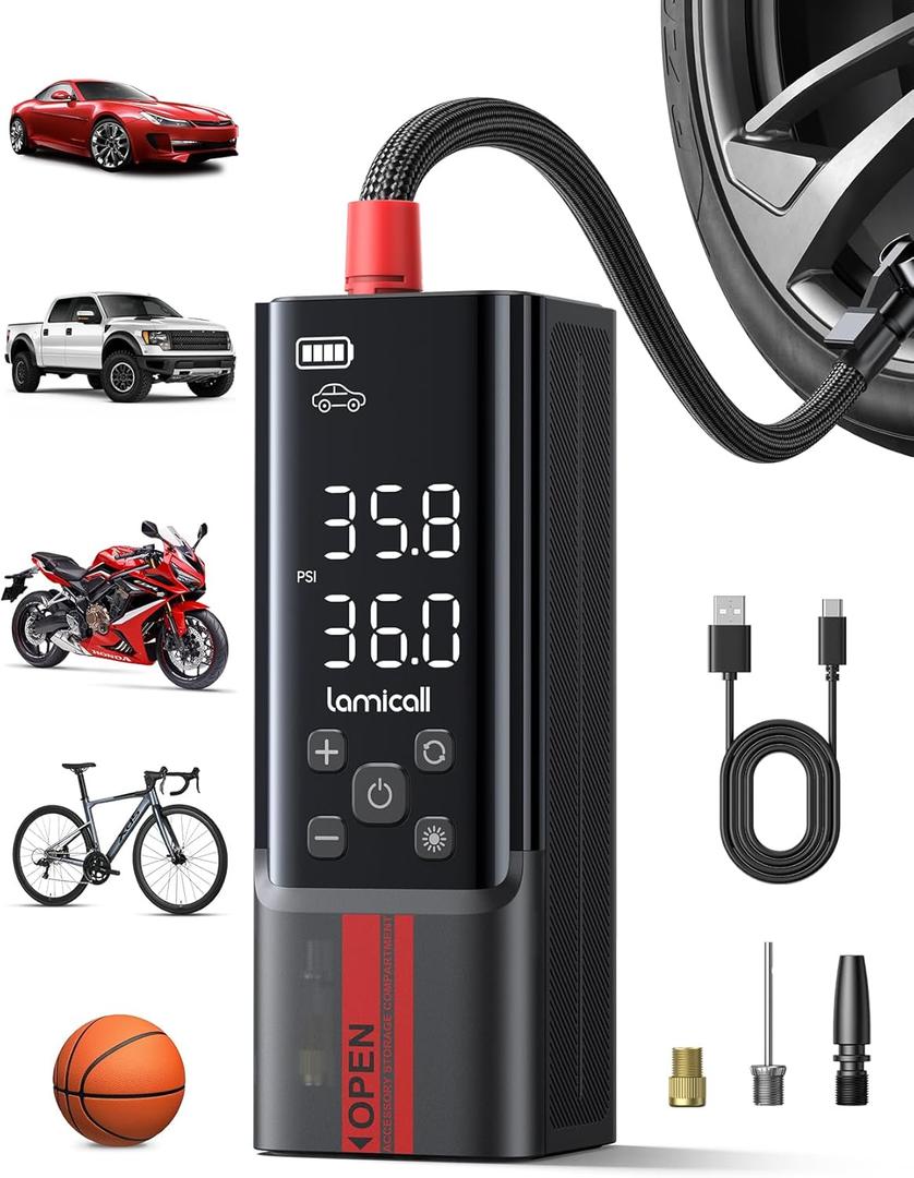 Lamicall Portable Car Tire Inflator - Air Compressor [150 PSI] [4X Faster] Cordless Car Air Pump Rechargeable, Pressure Gauge Display, LED Light, for Cars, Motorcycles, Bike, Wheels Accessories Gifts (19.7" Hose)