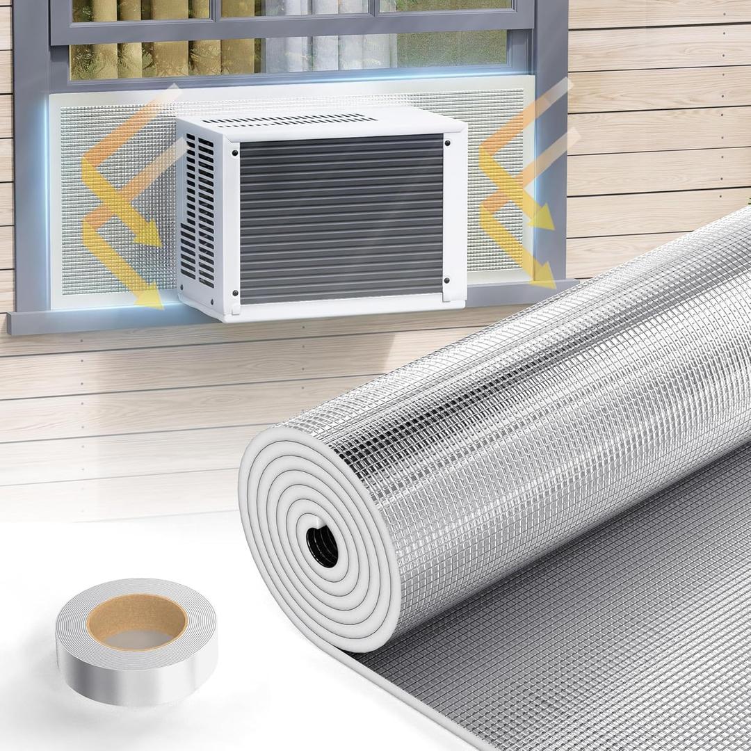 GCGOODS 46" x 17" Window AC Sealing Panel, Full Surround Insulation Window Air Conditioner Foam Panel with Aluminum Surface, Seal All Gaps, Block Rain from Outside, Reflect Heat & Sunlight