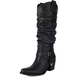 UTIKLIOU Women's Knee High Boots Wide Calf Slouchy Boots Low Heel Pull On Round Toe (6, Black-1)