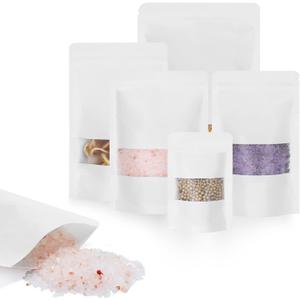 100pcs Kraft Bags with Window 3.5x5.5 Inches White Reusable Sealable Zip Lock Food Storage Stand up Paper Pouches for Home or Business