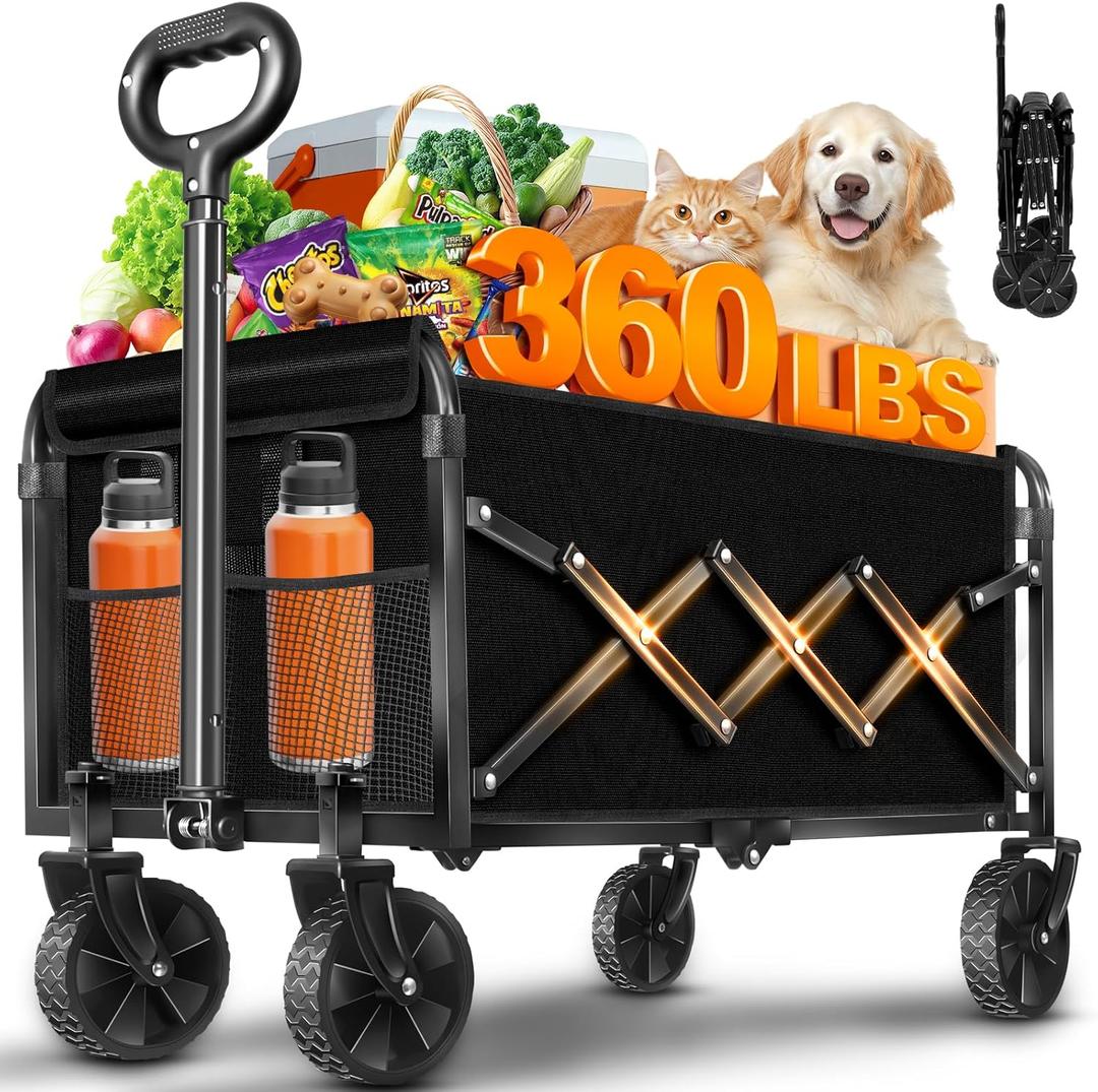 Wagons Carts Foldable, Collapsible Folding Wagon, Portable Folding Wagon Cart with Wheels, Outdoor Utility Carts for Groceries, Camping, Sports, Shopping, Black 27"D x 17.3"W x 46.5"H