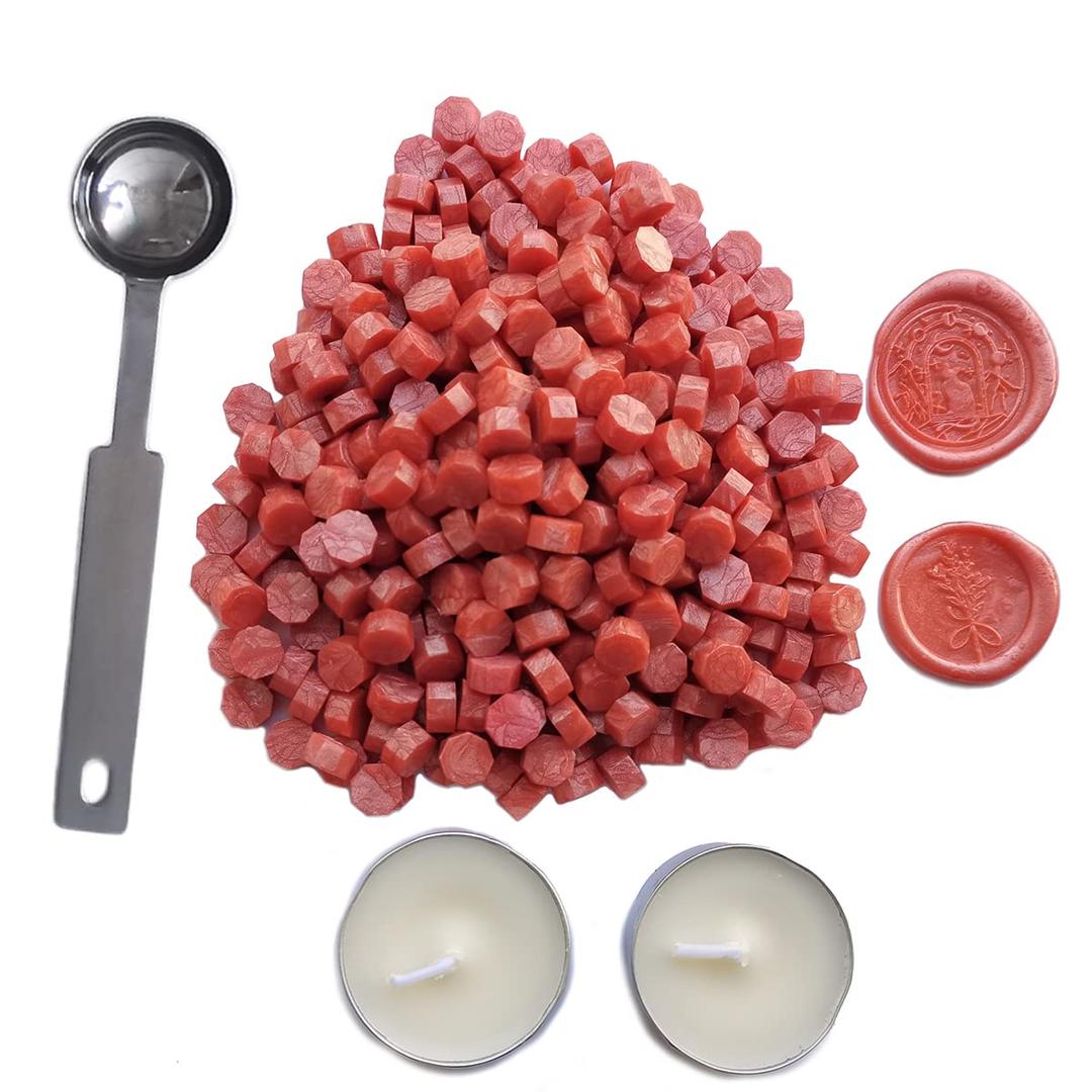 Sealing Wax Beads, YOSENLING 350 Pcs Orange Red Wax Seal Beads with 2 Pcs White Candles and 1 Pcs Wax Melting Spoon, Great for Wedding Invitations, Wine Packages, Cards Envelopes, Gift Wrapping.