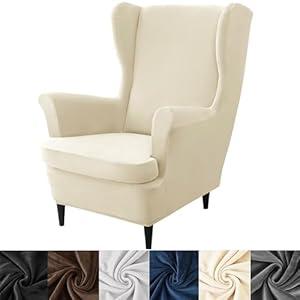 HFCNMY Wingback Chair Covers, 2 Piece Stretch Velvet Wingback Chair Slipcover-Thick Wing Back Chair Covers with Arms-Wing Chair Slipcover-Wing Back Chair Slipcovers with Elastic Bottom Beige