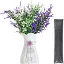 Artificial Flower 3-in-1 Set Hollow Vase with 4 Faux Lavenders 14oz Nano Mineral Crystal Beads Odor Absorber & Decorative Floral Arrangements for Indoor Bedroom Washroom, Purple White