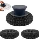 Stainless Steel Wool Scrubber with Rubber Handle & 2 Pads for Cleaning Dishes, Kitchen Pots, Pans, Grills (Grey)